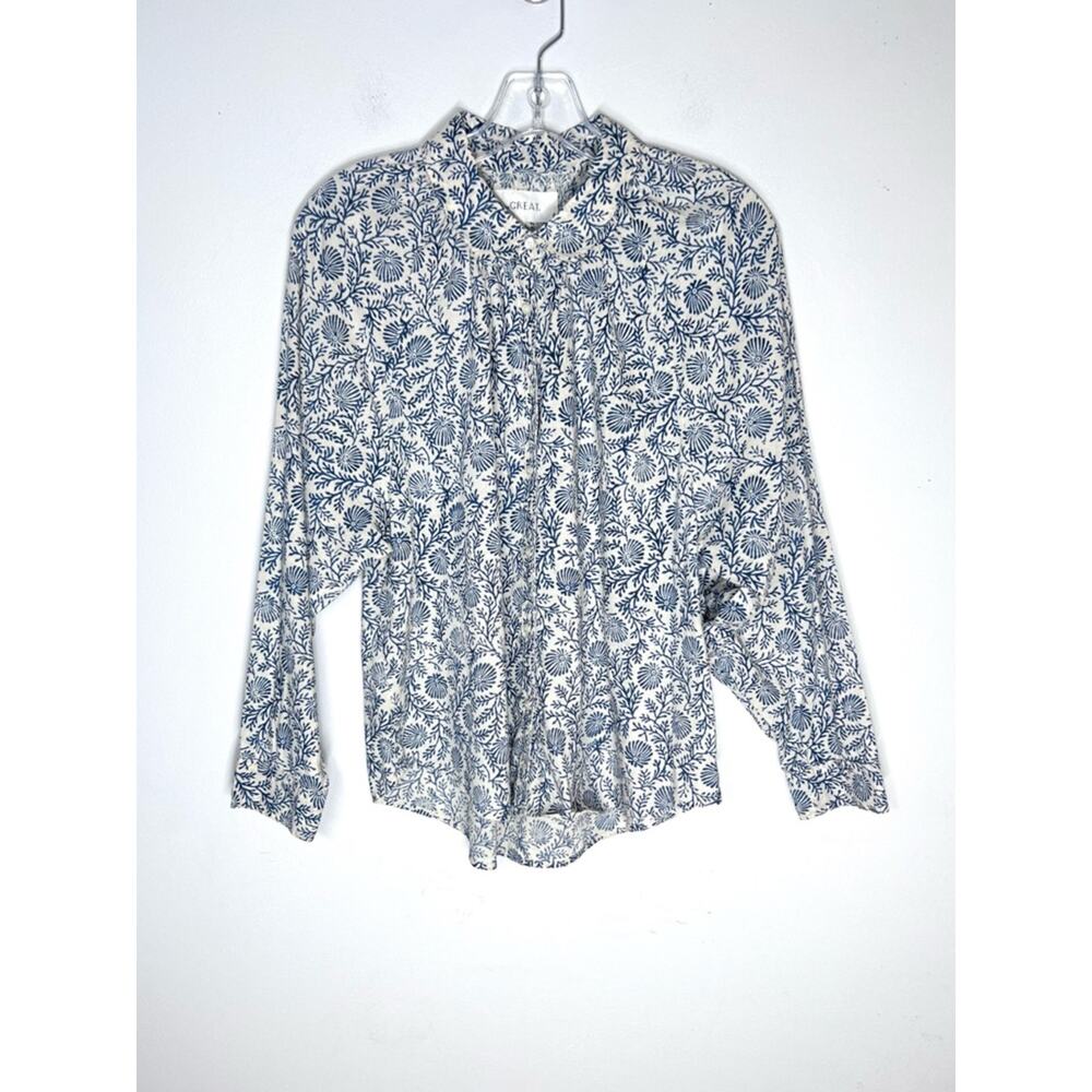 The Great. The Estate Button Up in Feather Grass Block Print Blue Sz 1 (S) - Picture 3 of 7